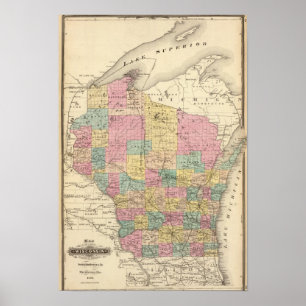 Poster Carte de l'état du Wisconsin