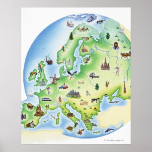 Poster Carte de l'Europe avec des illustrations de
