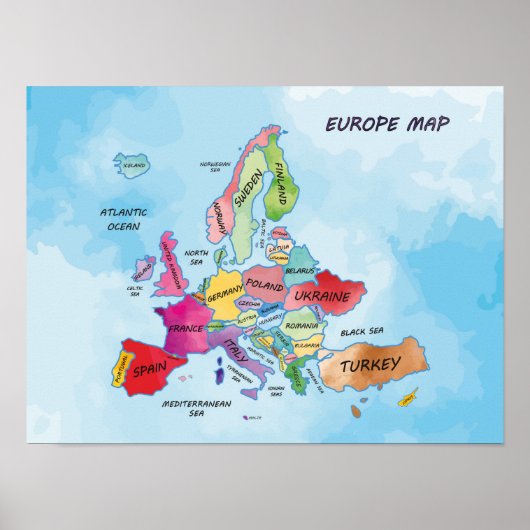 Poster Carte de l'Europe illustrations couleur de l'eau (Devant)
