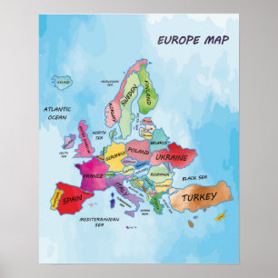 Poster Carte de l'Europe illustrations couleur de l'eau