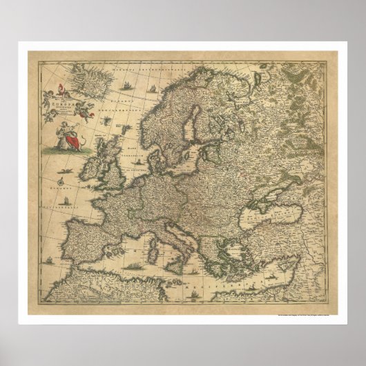 Poster Carte de l'Europe par Frederico de Wit 1700 (Devant)