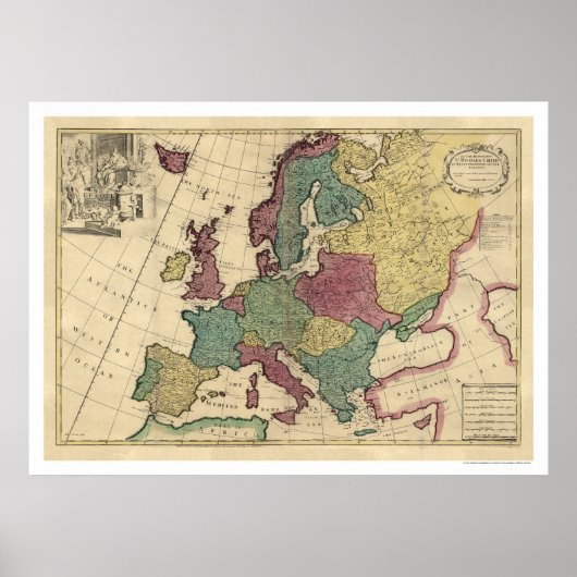 Poster Carte de l'Europe par Senex 1725 (Devant)