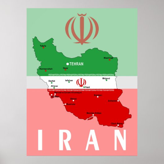 Poster Carte de l'Iran avec drapeau et emblème (Devant)
