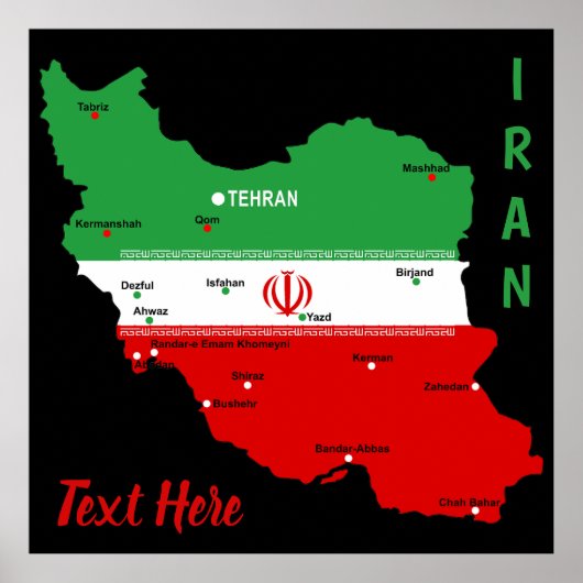 Poster Carte de l'Iran avec drapeau et emblème (Devant)