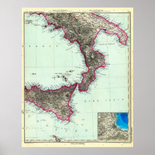Poster Carte de l'Italie du Sud et de Malte (1891)