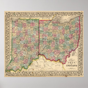 Poster Carte de l'Ohio, Indiana par Mitchell