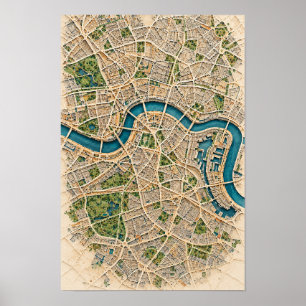Poster Carte de Londres sur le fleuve Tamise vue aérienne