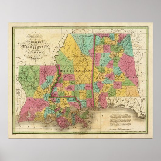 Poster Carte de Louisiane Mississippi Et Alabama (Devant)