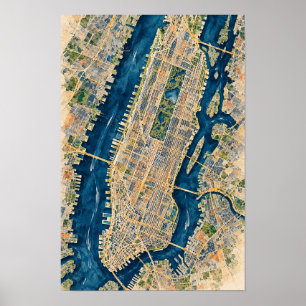 Poster Carte de Manhattan New York vue aérienne décoratio