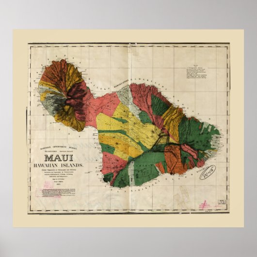 Poster Carte de Maui, Hawaiian Island (1885) (Devant)