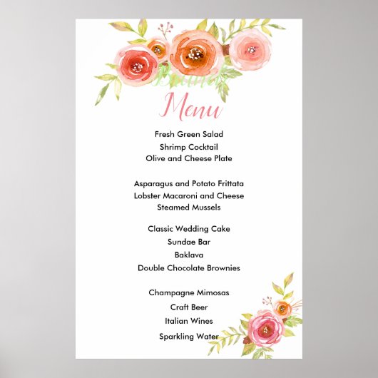 Poster Carte de menu rose Mariage Floral Aquarelle (Devant)
