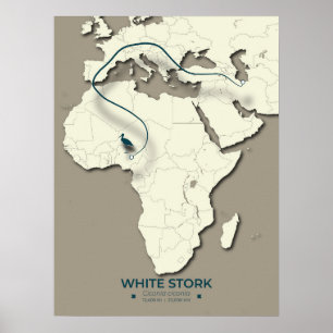 Poster Carte de migration de la cigogne blanche - Vintage