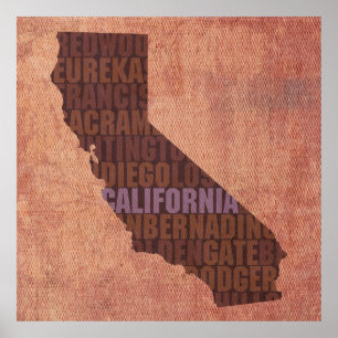 Poster Carte de mot d'ensemble d'état de la Californie