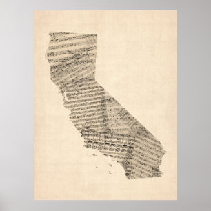 Poster Carte de musique Old Sheet de Californie