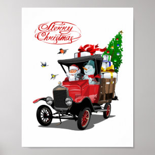 Poster Carte de Noël avec dessin animé Père Noël`s truck