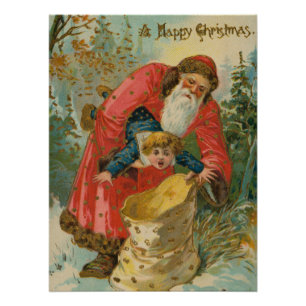 Poster Carte de Noël vintage, Père Noël, Enfant turbulent