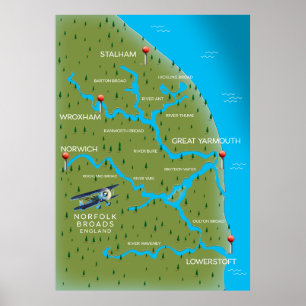 Poster Carte de Norfolk Broads Angleterre.