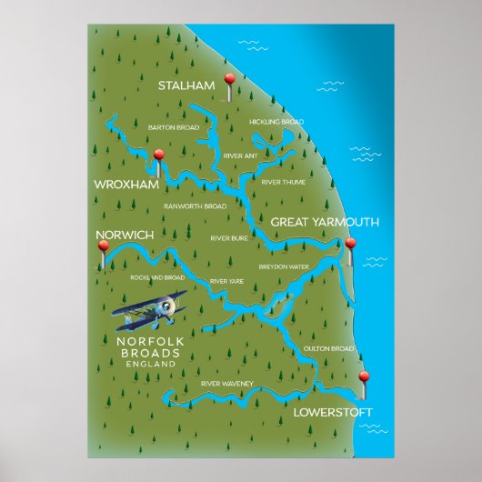 Poster Carte de Norfolk Broads Angleterre. (Devant)