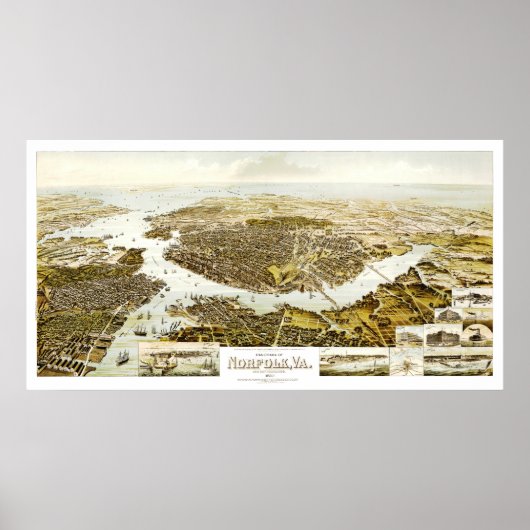 Poster Carte de Norfolk, VA et les environs en 1892. (Devant)