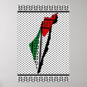 Poster Carte de Palestine avec drapeau et Motif Keffiyeg