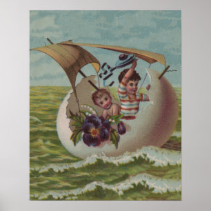 Poster Carte de Pâques antique Œuf de Voile Enfants