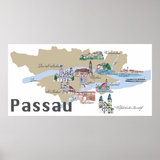 Poster Carte de Passau Allemagne (Devant)