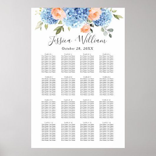 Poster Carte de placement de table Hydrangea Bleu Rose Bl (Devant)