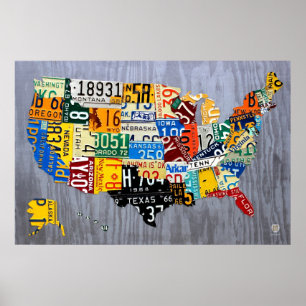 Poster Carte de plaque minéralogique des Etats-Unis -