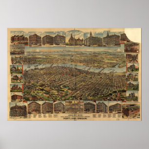 Poster Carte de Portland, vue d'Oiseau-Oeil, 1890