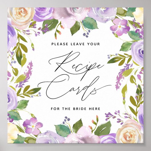 Poster Carte de recette avec lettrage et fleurs violettes (Devant)