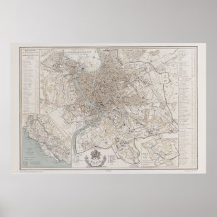 Poster Carte de Rome Italie 1869 Reproduction