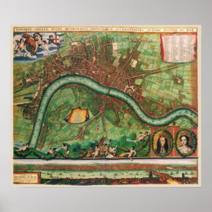 Poster Carte de rue antique du 17e siècle de Londres, Ang