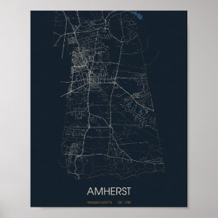 Poster Carte de rue d'Amherst Massachusetts (Nuit)