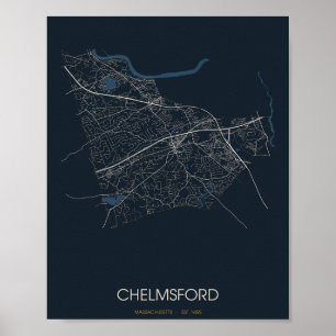 Poster Carte de rue de Chelmsford Massachusetts (Nuit)