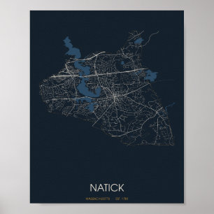 Poster Carte de rue de Natick Massachusetts (Nuit)