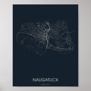 Poster Carte de rue de Naugatuck Connecticut (Nuit) –