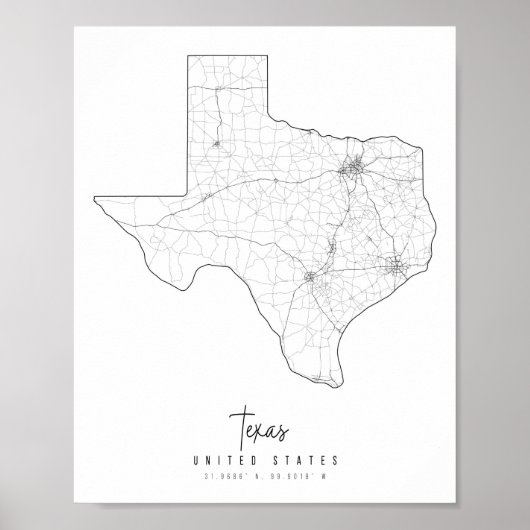 Poster Carte de rue minimale du Texas (Devant)