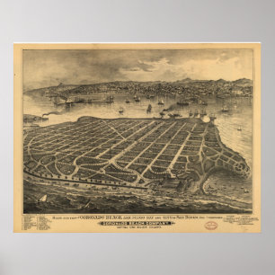 Poster Carte de San Diego, vue d'Oiseau-Oeil de Coronado,