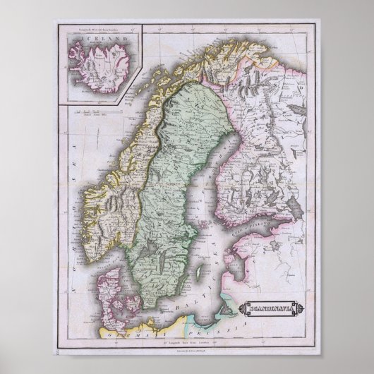 Poster Carte de Scandinavie, Norvège, Suède, Finlande, et (Devant)