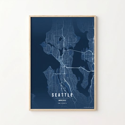 Poster Carte de Seattle en bleu, impression, Washington,