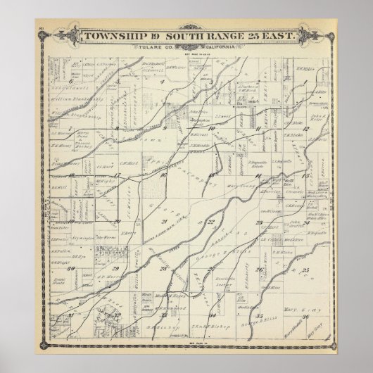 Poster Carte de section du comté de T19S R25E Tulare (Devant)