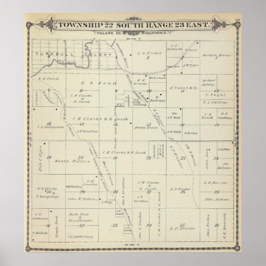 Poster Carte de section du comté de T22S R23E Tulare (Devant)