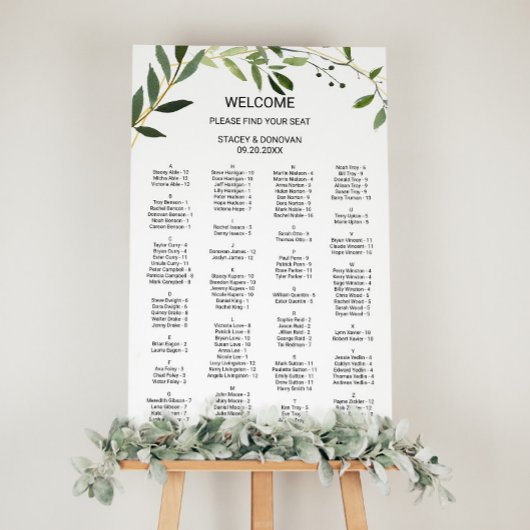 Poster Carte de siège alphabétique des Feuilles verts tro