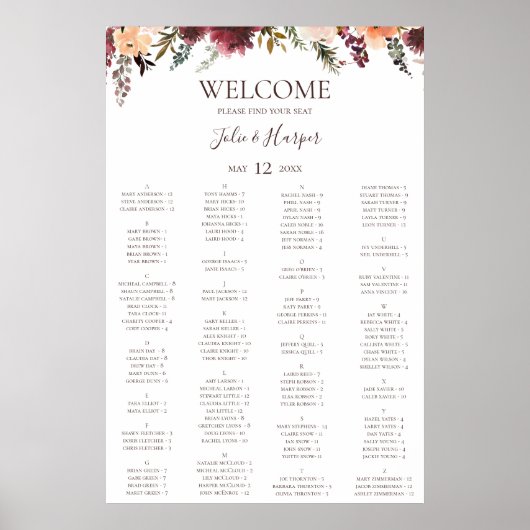 Poster Carte de siège alphabétique Floral Orange Bourgogn (Devant)