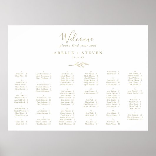 Poster Carte de siège alphabétique minimale feuille or (Devant)