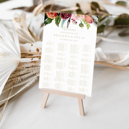 Poster Carte de siège Alphabétique Tropicale Boho Or