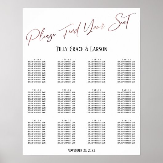 Poster Carte de siège de la réception de mariage en or ro (Devant)