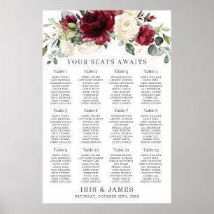 Poster Carte de siège de Mariage floral de Bourgogne rust