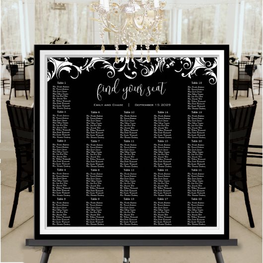 Poster Carte de siège de réception Fancy Swirl Black Dama