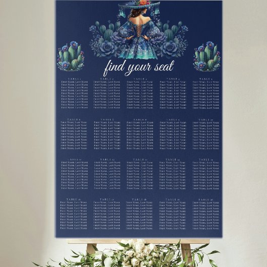 Poster Carte de siège de style mexicain bleu Quinceañera